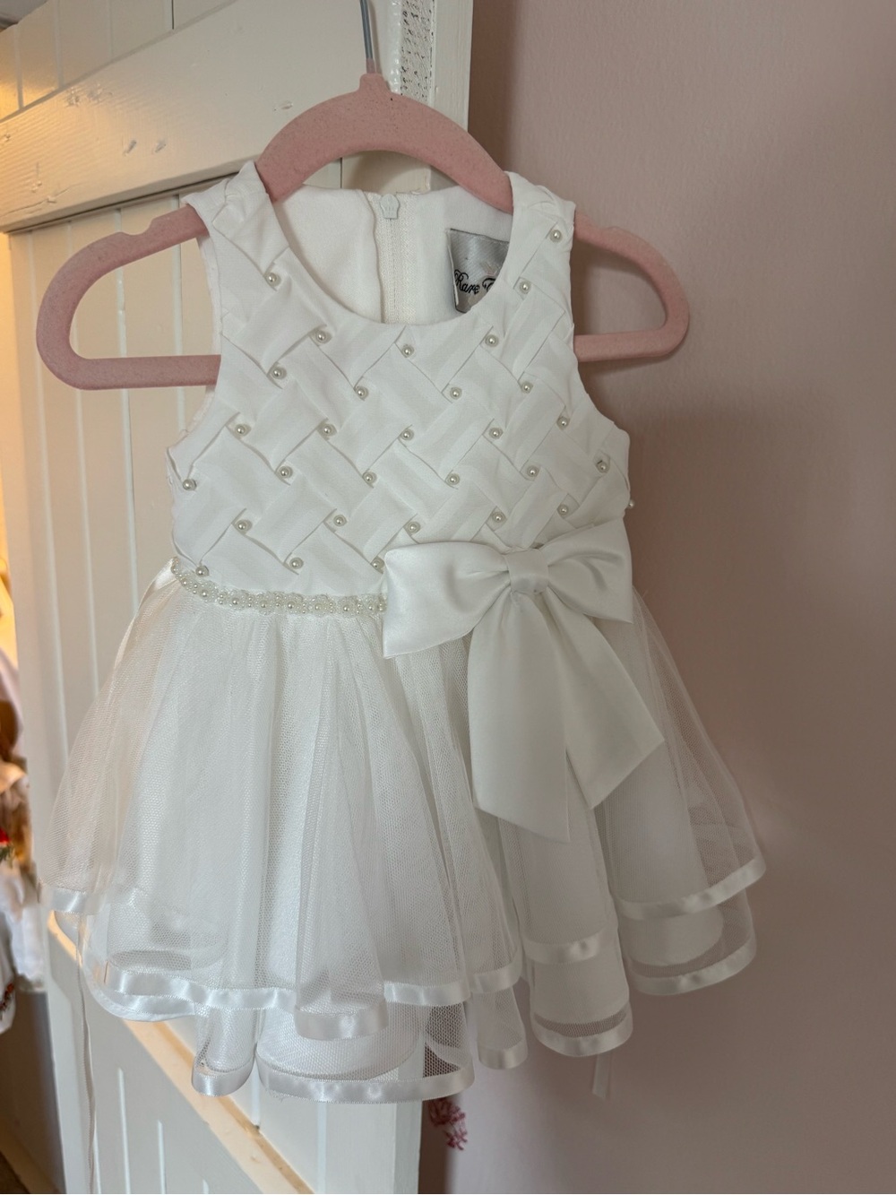 Rare Editions White Pearl-Trim Tulle Bow Dress for Girls